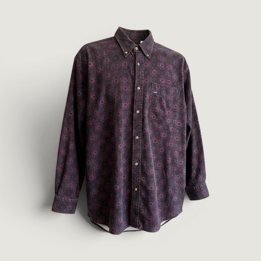 Vintage Lee Shirt Mens Large Red Blue Geometric‎ Twill Button Down Long Sleeve